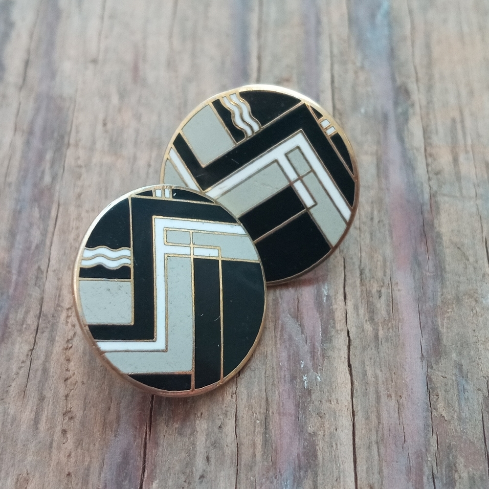 Earrings Rococco Geometric Circle Enamel Black Grey White